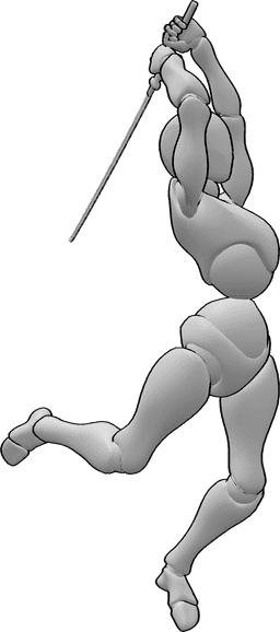 Posen-Referenz- Katana-Pose im Sprung halten - Frau springt hoch und hält ein Katana mit zwei Händen Pose
