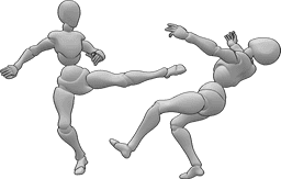 Référence des poses- Battle fight kick pose - Deux femmes se battent, l'une d'entre elles donne un coup de pied à l'autre femme qui prend la pose
