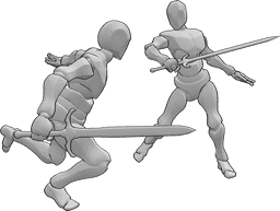Referencia de poses- Dos espadas masculinas posan - Dos machos están luchando con espadas posan