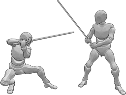 Referencia de poses- Los combatientes posan - Dos varones se pelean con báculos posan