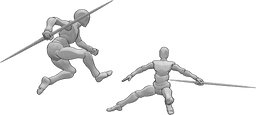 Riferimento alle pose- I bastoni da combattimento saltano in posa - Due maschi stanno lottando con i bastoni, uno di loro salta la posa