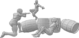 Referência de poses- Pose da capa dos barris de batalha - Três homens armados numa batalha, abrigando-se atrás de barris em pose