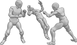 Posen-Referenz- Drei Männchen kämpfen in Pose - Drei Männer kämpfen, einer von ihnen fällt