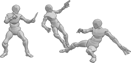 Riferimento alle pose- Posa di combattimento con pugnale e pistola - Tre maschi stanno combattendo, con in mano una pistola e un pugnale, uno di loro cade per un calcio