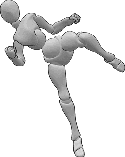 Referencia de poses- Postura de patada de jiu-jitsu femenino - Patada frontal femenina de jiujitsu con pierna izquierda pose