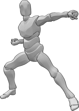 Riferimento alle pose- Posa del pugno maschile a sinistra - Uomo che tira pugni con il braccio sinistro, posa kung fu, posa arte marziale