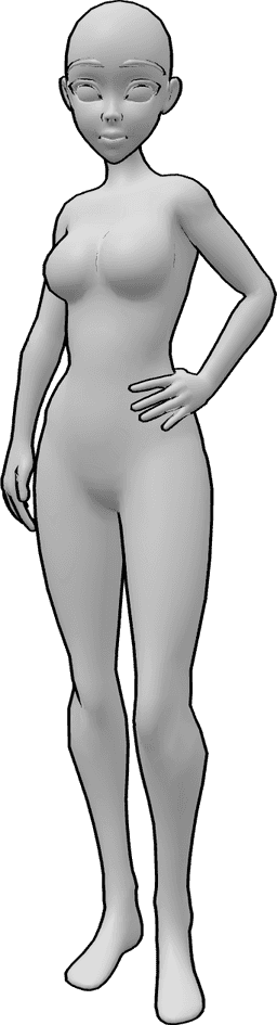 Posen-Referenz- Anime lässige stehende Pose - Anime weiblich stehend mit ihrer linken Hand auf ihrer Hüfte Pose