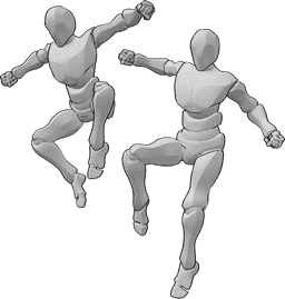 Referência de poses- Machos em pose de salto - Dois homens estão a saltar de uma pose de altura