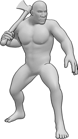Référence des poses- Brute, homme, pose debout - Homme brut debout et tenant une hache pose