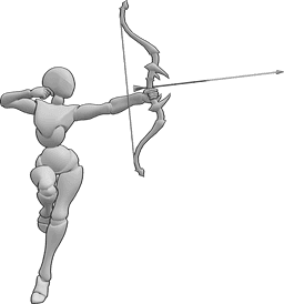 Referencia de poses- Postura de arco femenino volador - Mujer está volando y disparando una flecha con su arco pose
