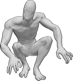 Referência de poses- Pose de alienígena zombie agachado - O zombie assustador está agachado e à espera de apanhar a sua vítima em pose
