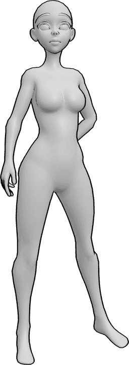 Référence des poses- Pose des mains derrière le dos - Une femme animée confiante se tient debout, la main gauche derrière le dos.