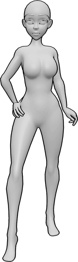 Posen-Referenz- Anime selbstbewusste stehende Pose - Zuversichtlich anime weiblich steht mit ihrer rechten Hand auf ihre Hüfte Pose