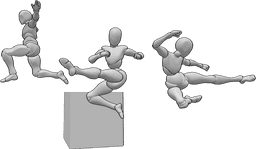 Referência de poses- três bots em salto mortal - Três robôs num salto com pontapé - um homem, duas mulheres, um cubo - dois à frente num salto com pontapé, um atrás num salto. Sem campo de visão.