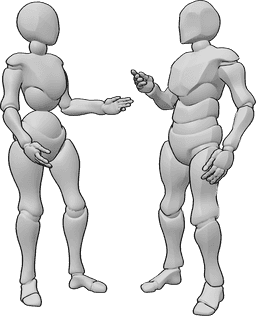 Referencia de poses- Postura de conversación femenina masculina - Mujer y hombre mantienen una conversación informal