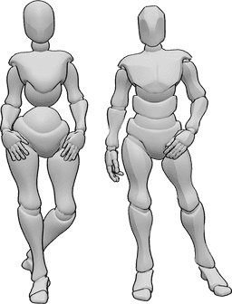 Referencia de poses- Hombre mujer pose de pie - Mujer y hombre están uno al lado del otro, mirando algo