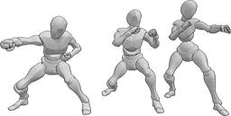 Referência de poses- Três bots em posição de boxe - Três robots - 1 mulher, 2 homens - em posição de boxe - Vista centrada