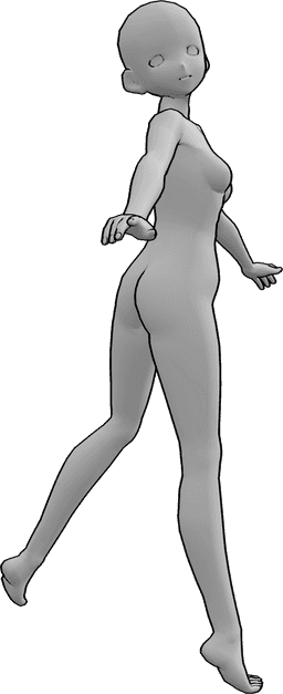 Posen-Referenz- Anime Blick zurück Pose - Selbstbewusste Anime-Frau springt und schaut über ihre Schulter zurück Pose