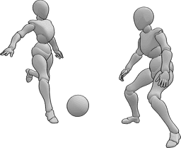 Referência de poses- Pose de futebol feminino - Duas mulheres estão a jogar futebol com uma pose