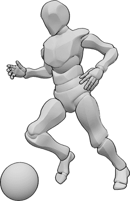 Référence des poses- Pose du ballon de football - Joueur de football masculin courant avec le ballon pose