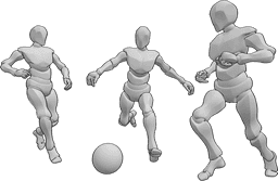 Référence des poses- Jeu de football masculin - Scène de jeu de football masculin, 3 femmes jouent au football