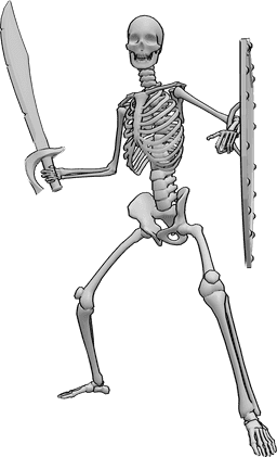 Referência de poses- Pose do esqueleto do guerreiro - O esqueleto está de pé e segura uma espada e uma pose de escudo