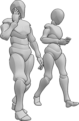 Referência de poses- Pose do telefone a andar - Mulher e homem caminham juntos enquanto estão ambos ao telefone