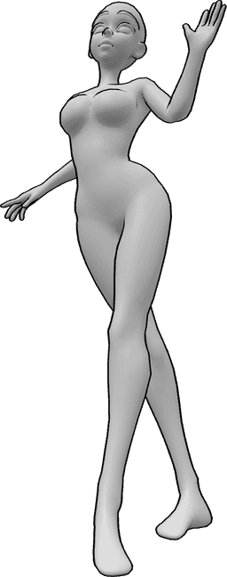 Référence des poses- Femme debout et disant bonjour - référence anime mignon - une femme debout, une jambe vers l'arrière, une main disant bonjour, vue en contre-plongée