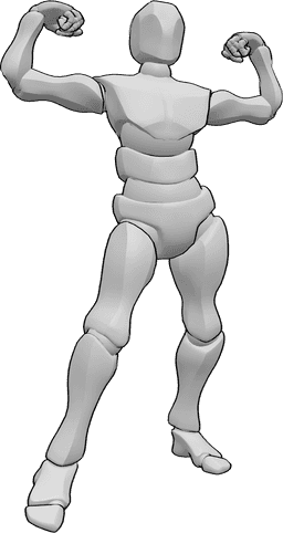 Référence des poses- Pose du culturiste debout - Un bodybuilder masculin pose, debout et montre les muscles de ses bras.