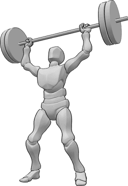 Referencia de poses- Postura masculina con pesos pesados - Culturista masculino está levantando pesas pesadas en alto con las dos manos
