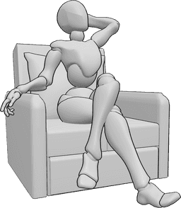 Posen-Referenz- Selbstbewusste weibliche Sitzhaltung - Selbstbewusste Frau sitzt mit gekreuzten Beinen auf der Couch