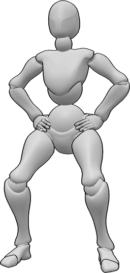 Référence des poses- Squats mains hanches - La femme fait des squats avec les mains sur les hanches pose