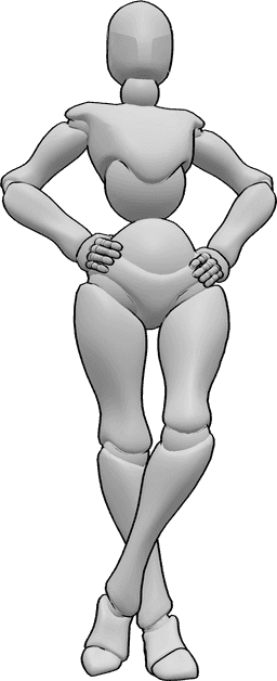 Référence des poses- Pose debout jambes croisées - La femme est debout, les jambes croisées et les mains sur les hanches.
