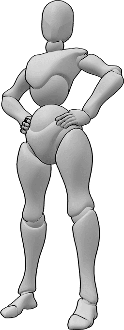 Référence des poses- Femme confiante en position debout - Une femme confiante se tient debout, les mains sur les hanches.