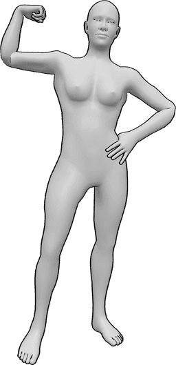 Posen-Referenz- Muskeln in stehender Pose zeigen - Die Frau steht mit der linken Hand auf der Hüfte und zeigt ihre Muskeln.