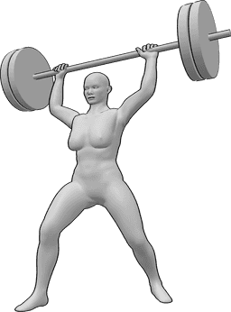 Referencia de poses- Musculosa pose femenina de pesas - Mujer musculosa levanta pesas en alto con las dos manos