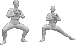 Référence des poses- Femmes musclées s'entraînant - Deux femmes musclées s'entraînent ensemble, s'accroupissant avec des poids.