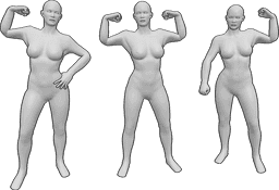 Referência de poses- Mulheres musculadas em pose de pé - Três fêmeas estão de pé e mostram os seus músculos