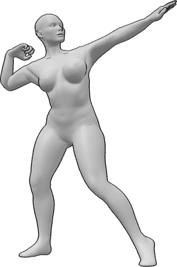 Référence des poses- Femme montrant ses muscles - Femme musclée debout, posant en héroïne, montrant les muscles de ses bras