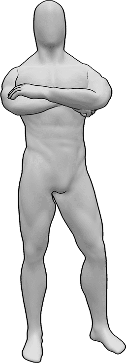 Référence des poses- Pose debout bras croisés - L'homme est debout, les bras croisés et regarde vers l'avant.