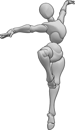 Referencia de poses- Postura de bailarina de ballet - Postura femenina de bailarina de ballet, de pie sobre el pie izquierdo, levantando las manos en alto