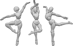 Référence des poses- Femmes en train de danser la danse classique - Trois femmes dansent le ballet et posent.