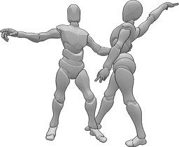 Posen-Referenz- Tanzen, Hüften halten, Pose - Frau und Mann tanzen, halten sich gegenseitig und posieren