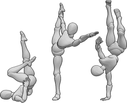 Référence des poses- Pose de danse acrobatique - Trois femmes dansent et posent de manière acrobatique.