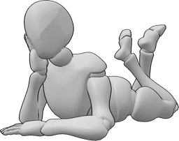 Posen-Referenz- Liegende gekreuzte Beine Pose - Frau liegt auf dem Bauch mit gekreuzten Beinen und stützt sich auf ihre rechte Hand