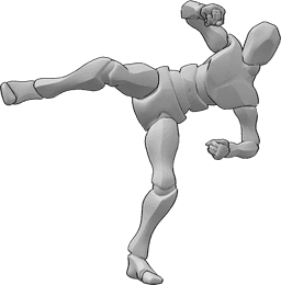 Referencia de poses- Postura de patada con el pie derecho - Varón de pie y pateando alto con el pie derecho, pose de pierna