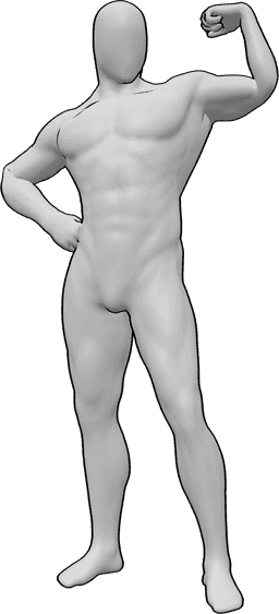 Référence des poses- Pose musculaire du bras gauche - Homme musclé, debout, la main droite sur la hanche, montrant les muscles de son bras gauche.