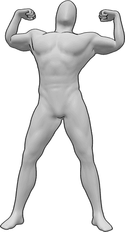 Riferimento alle pose- Mostrare i muscoli in posizione eretta - Maschio muscoloso è in piedi con sicurezza, mostrando i muscoli delle braccia posa