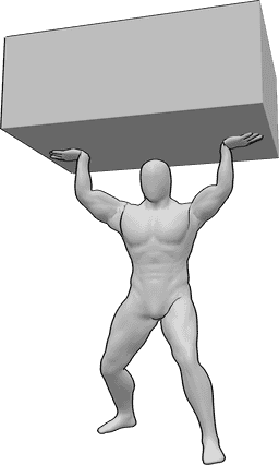 Referência de poses- Pose de levantar pesos pesados - Homem musculado carrega um peso pesado, levantando-o bem acima da cabeça