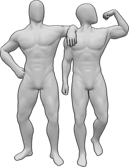 Référence des poses- Les mâles musclés posent ensemble - Deux hommes musclés se tiennent debout et posent ensemble, montrant leurs muscles.